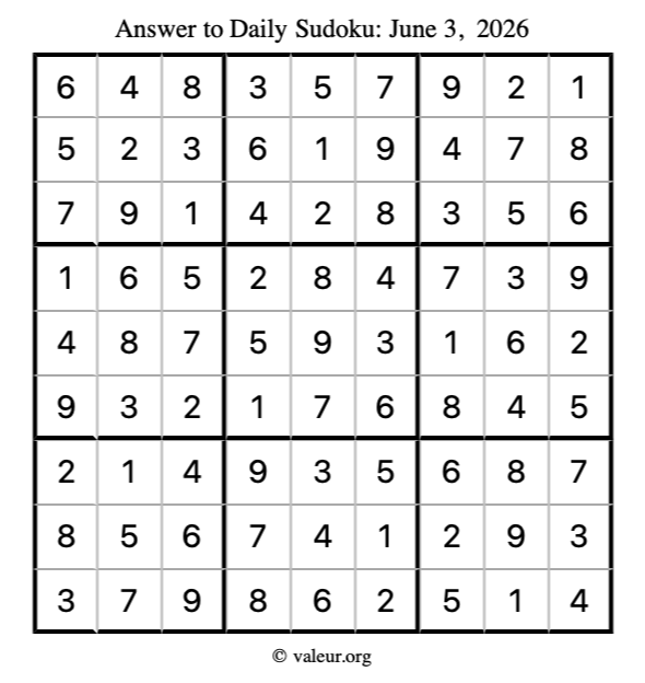 Answer to sudoku June 3, 2026