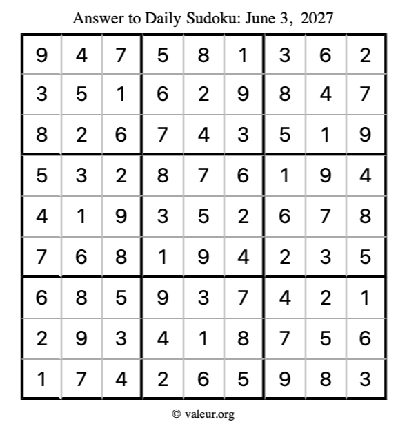 Answer to sudoku June 3, 2027