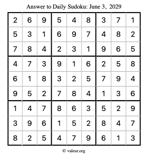 Answer to sudoku June 3, 2029