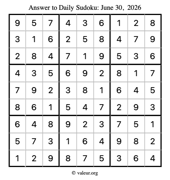 Answer to sudoku June 30, 2026