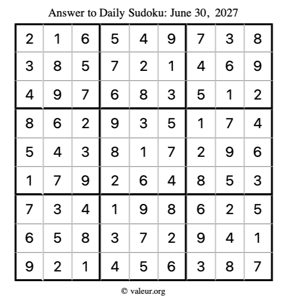 Answer to sudoku June 30, 2027