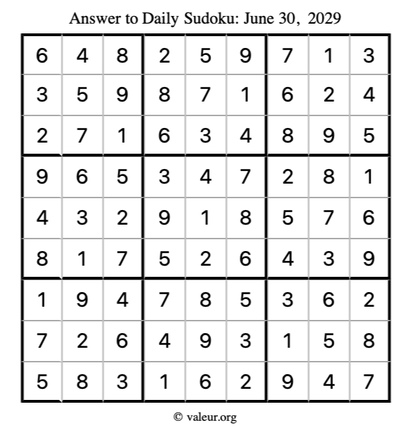 Answer to sudoku June 30, 2029