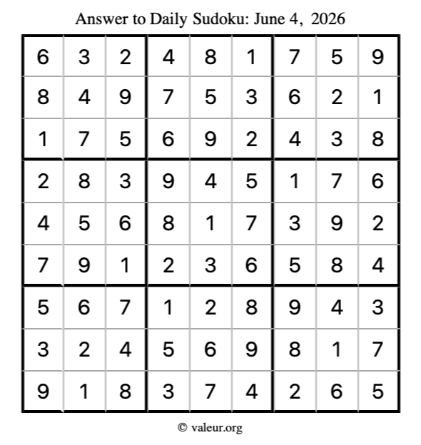 Answer to sudoku June 4, 2026