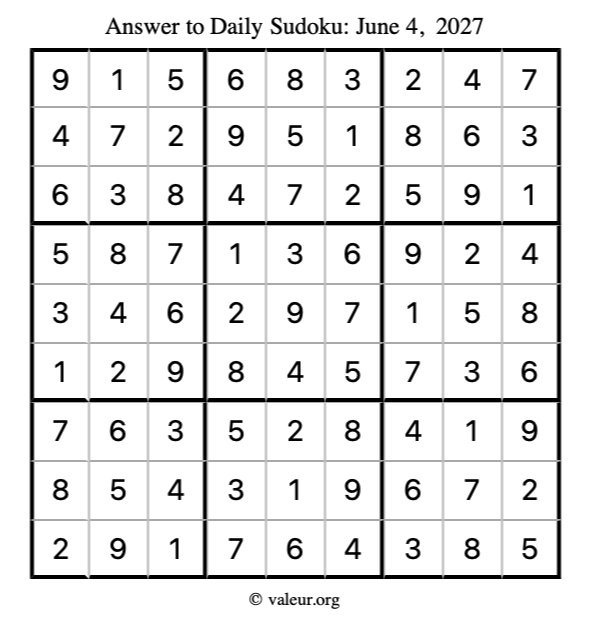Answer to sudoku June 4, 2027