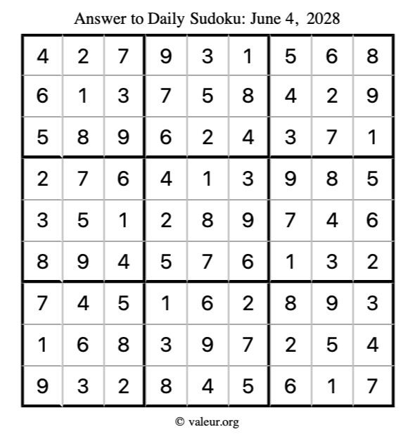 Answer to sudoku June 4, 2028