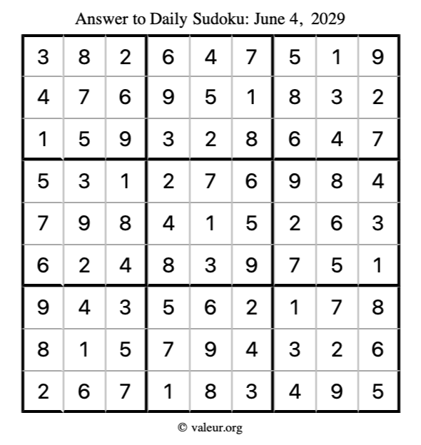 Answer to sudoku June 4, 2029