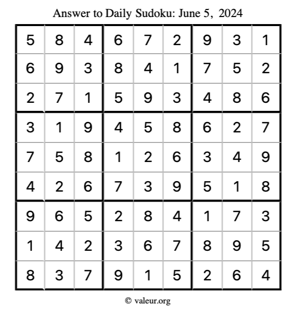 Answer to sudoku June 5, 2024