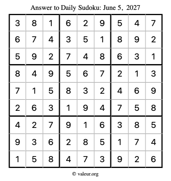 Answer to sudoku June 5, 2027