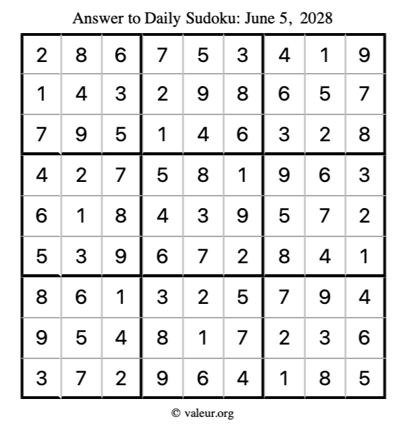 Answer to sudoku June 5, 2028
