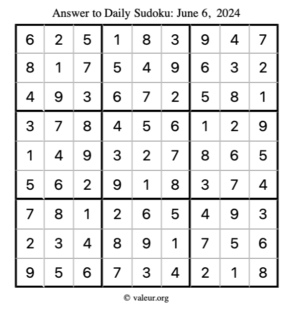 Answer to sudoku June 6, 2024