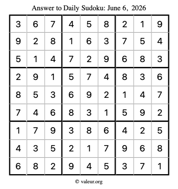 Answer to sudoku June 6, 2026