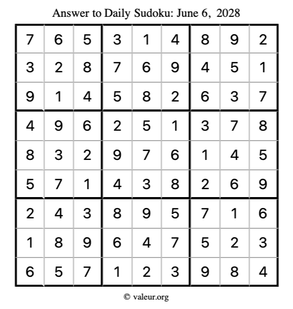 Answer to sudoku June 6, 2028