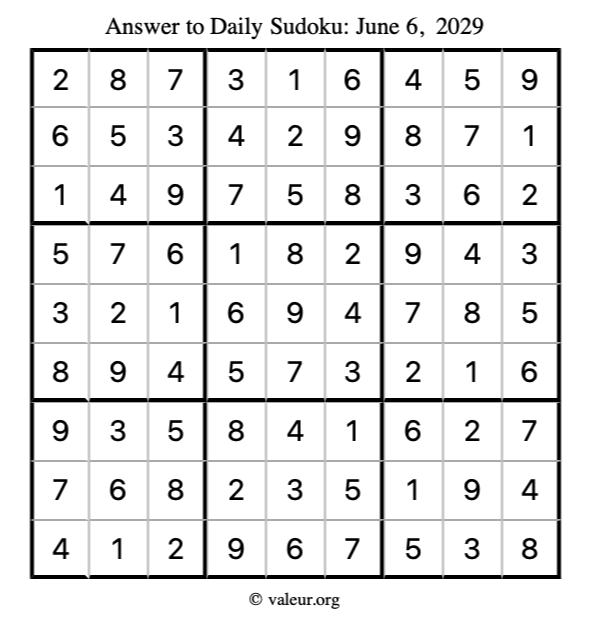 Answer to sudoku June 6, 2029