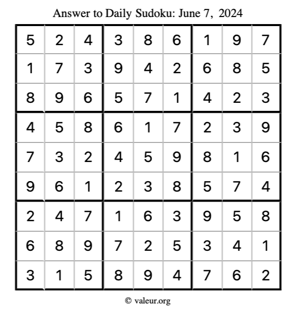 Answer to sudoku June 7, 2024