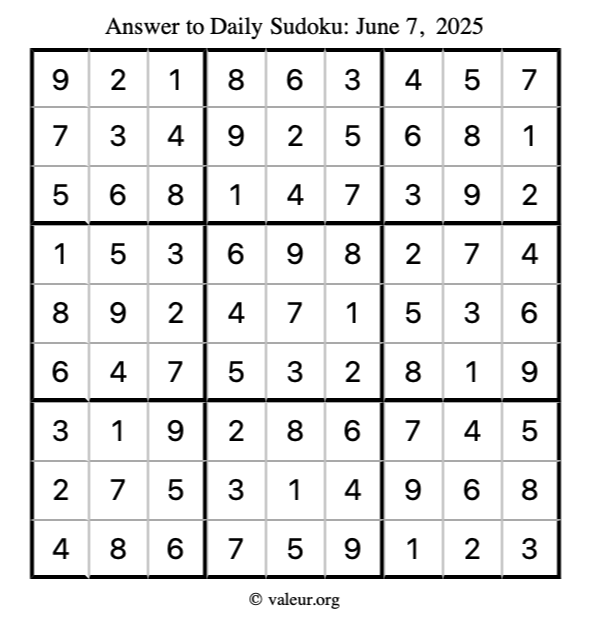 Answer to sudoku June 7, 2025