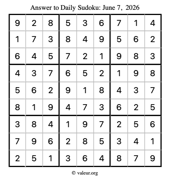 Answer to sudoku June 7, 2026