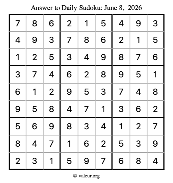 Answer to sudoku June 8, 2026