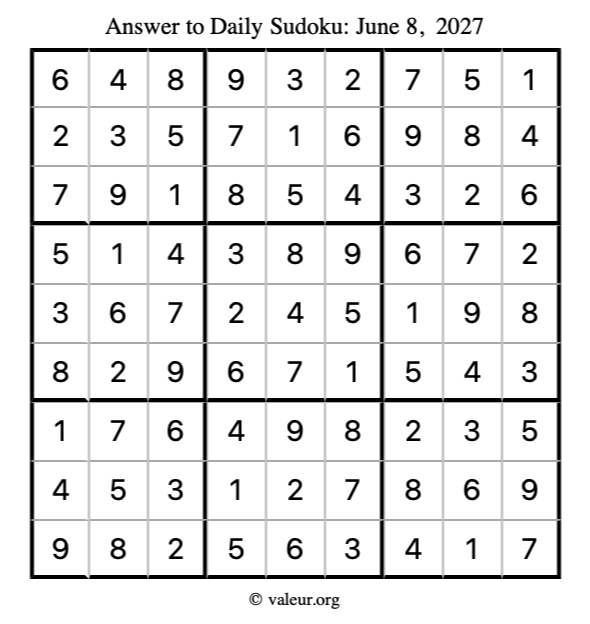 Answer to sudoku June 8, 2027