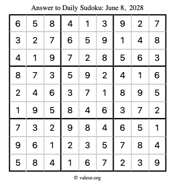 Answer to sudoku June 8, 2028