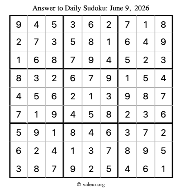 Answer to sudoku June 9, 2026