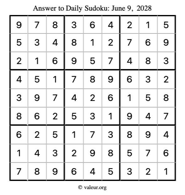 Answer to sudoku June 9, 2028