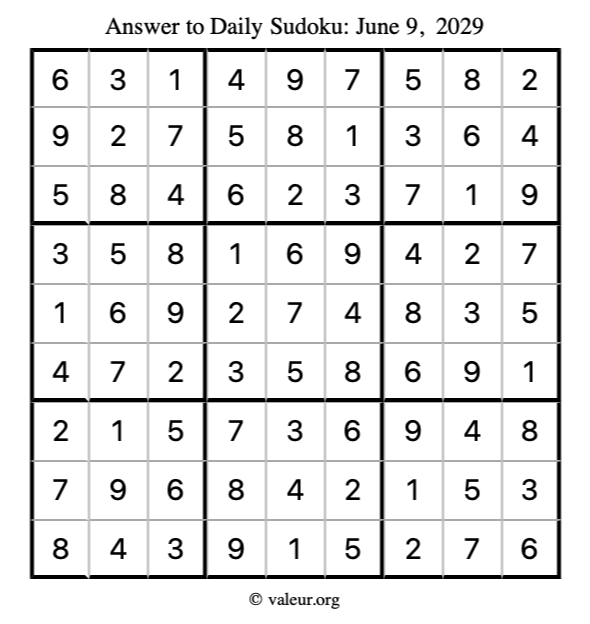 Answer to sudoku June 9, 2029