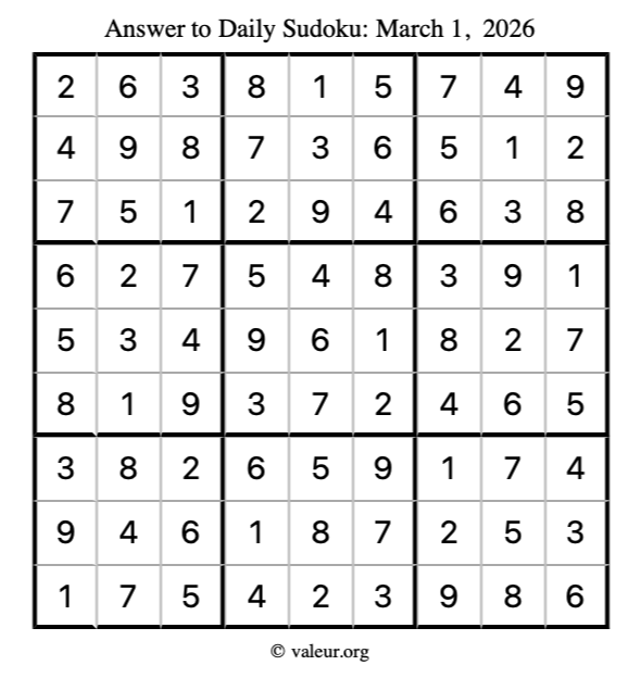 Answer to sudoku March 1, 2026