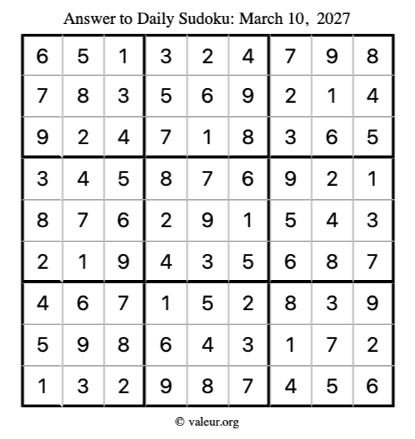 Answer to sudoku March 10, 2027
