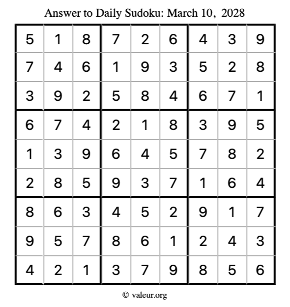 Answer to sudoku March 10, 2028