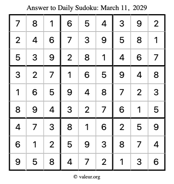 Answer to sudoku March 11, 2029