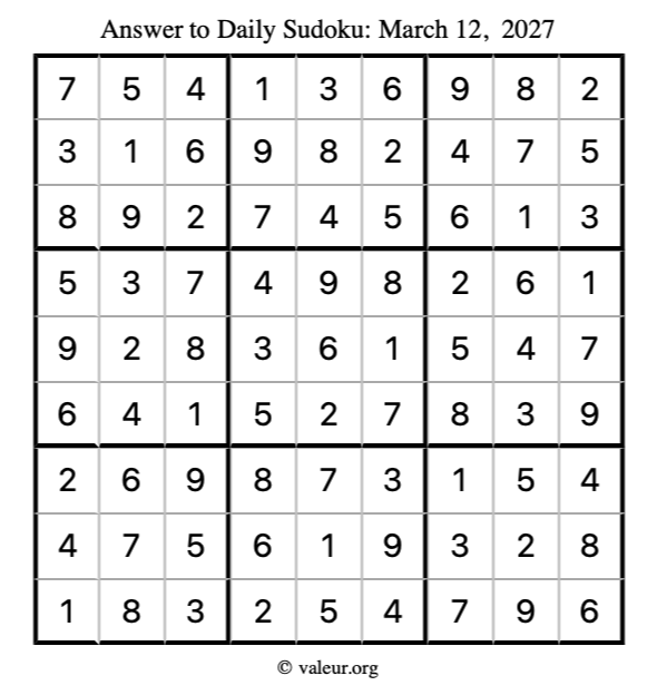 Answer to sudoku March 12, 2027