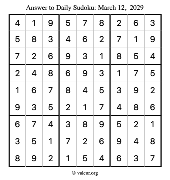 Answer to sudoku March 12, 2029