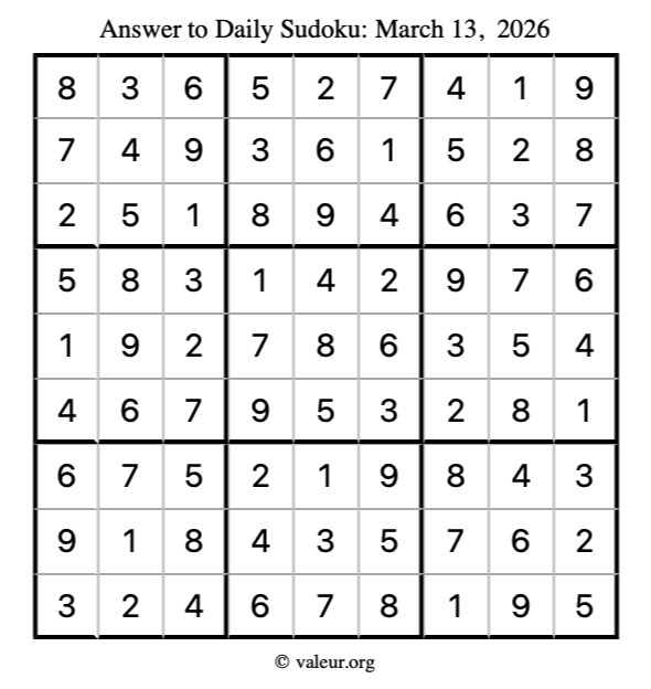 Answer to sudoku March 13, 2026