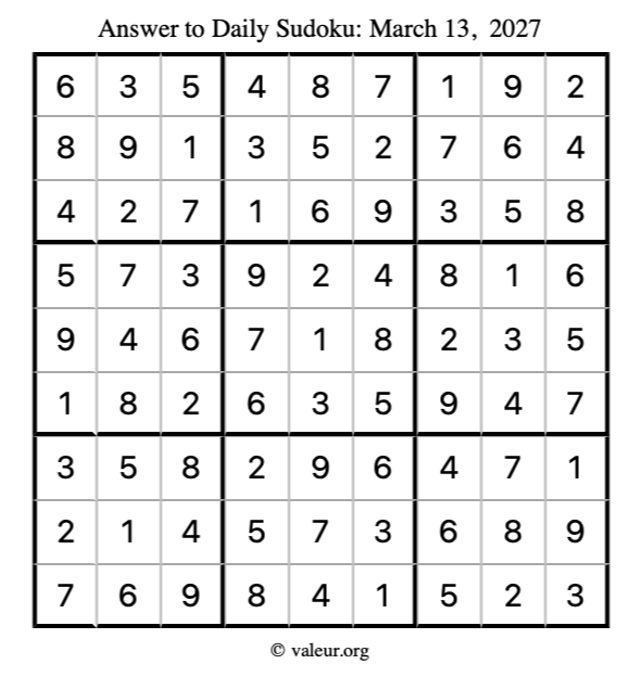 Answer to sudoku March 13, 2027