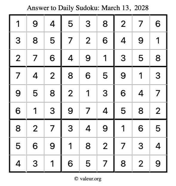 Answer to sudoku March 13, 2028