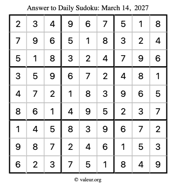 Answer to sudoku March 14, 2027