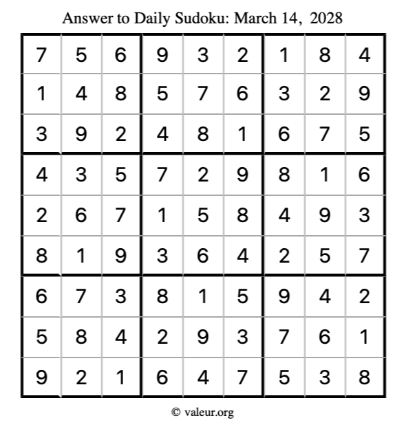 Answer to sudoku March 14, 2028