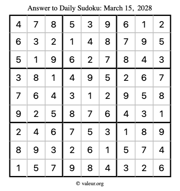 Answer to sudoku March 15, 2028