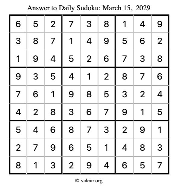 Answer to sudoku March 15, 2029