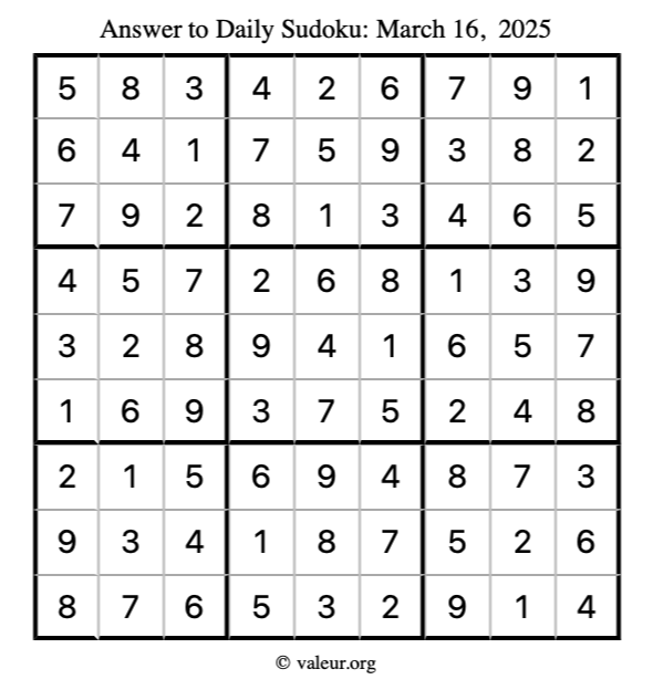 Answer to sudoku March 16, 2025