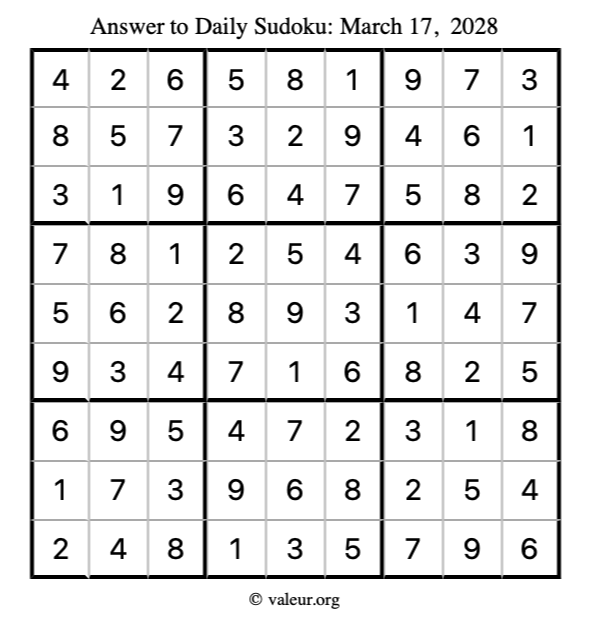 Answer to sudoku March 17, 2028