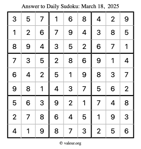 Answer to sudoku March 18, 2025