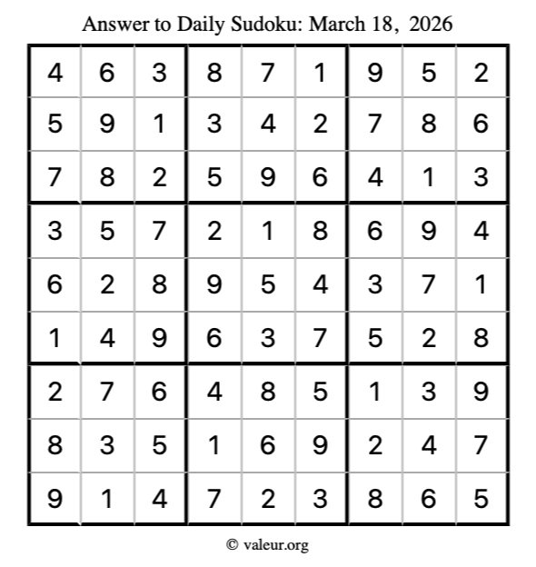 Answer to sudoku March 18, 2026
