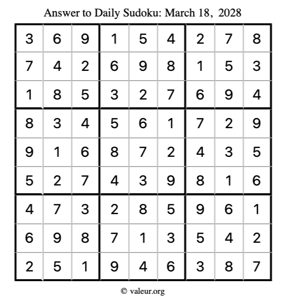 Answer to sudoku March 18, 2028