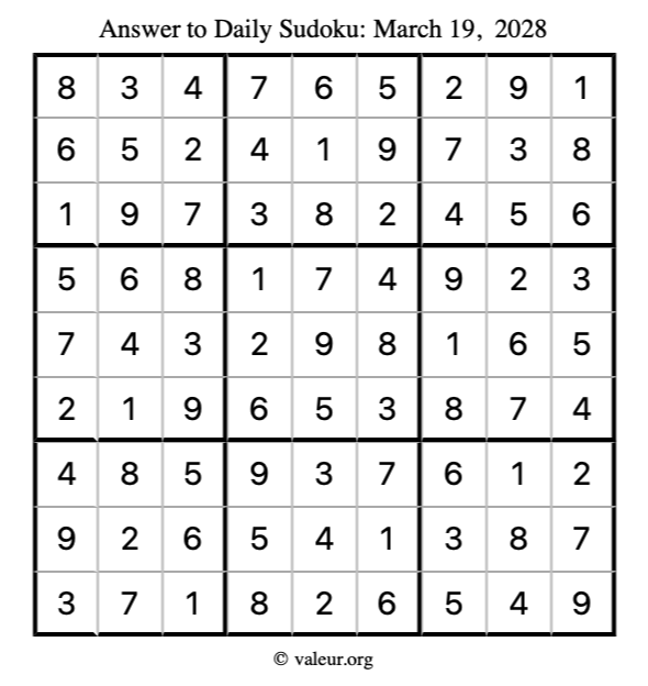 Answer to sudoku March 19, 2028