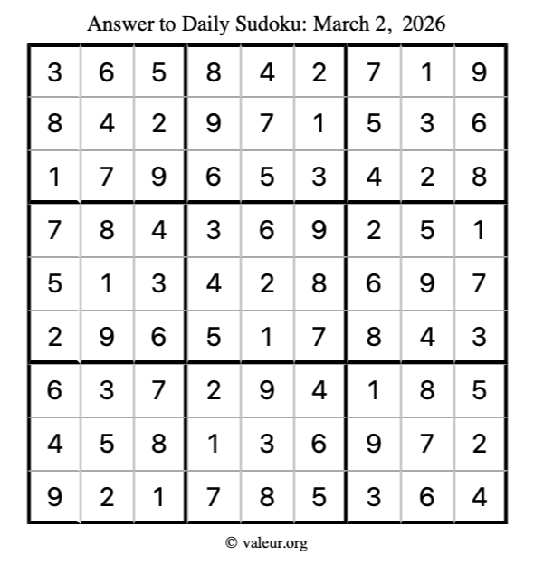 Answer to sudoku March 2, 2026