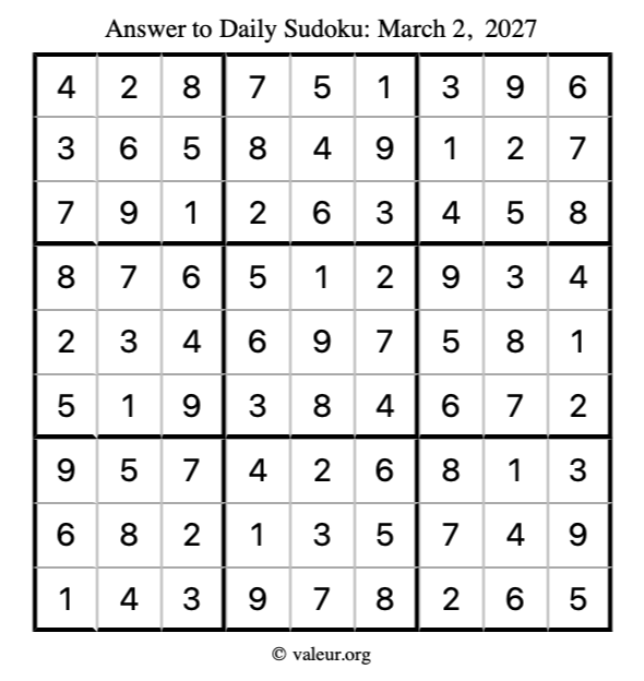 Answer to sudoku March 2, 2027