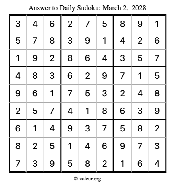 Answer to sudoku March 2, 2028