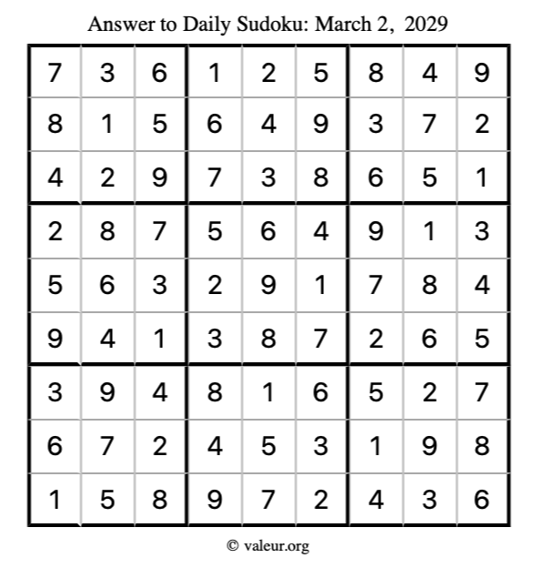 Answer to sudoku March 2, 2029