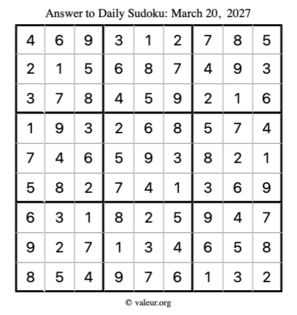 Answer to sudoku March 20, 2027